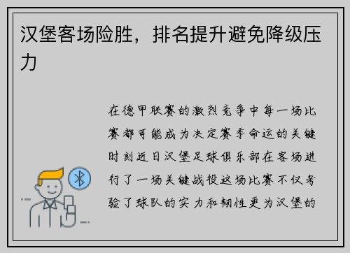 汉堡客场险胜，排名提升避免降级压力
